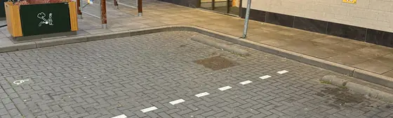 Entree van een horecavestiging met vergrijsde, met mos begroeide klinkers voor de reiniging